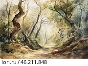 A picturesque forest landscape, painted in watercolor. The painting conveys a sense of silence and coziness thanks to the soft transitions of colors and aerial perspective. The forest path meanders among the trees, leading into the distance, into a space filled with light. Old trees with curved trunks create characteristic silhouettes, and sunlight penetrates through the foliage, creating a play of light and shadow. The color palette consists of warm ochre, green and soft brown tones, which makes the painting harmonious and natural. Стоковое AI-изображение, AI-художник Анна Кривицкая / Фотобанк Лори