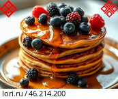 Вкусные блины со стекающим по ним мёдом, на которые уложены ягоды черники, ежевики и малины. На заднем плане символы богини Макоши. Макошь - единственное женское божество в славянской мифологии. Концепция русского праздника Масленица. / Delicious beautiful pancakes with honey dripping down them, on which are placed blueberries, blackberries and raspberries. Стоковое AI-изображение, AI-художник Iva Noel / Фотобанк Лори