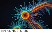 one bacteriao of Mycoplasma pheumoniama. Microscopic View Reveals Vibrant Details of a Bacterium in Captivating Color at the Cellular Scale. Стоковое AI-изображение, AI-художник Оксана Медведева / Фотобанк Лори