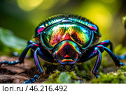 Macro photography insect beetle with iridescent close up. Стоковое AI-изображение, AI-художник Наталья Симакова / Фотобанк Лори