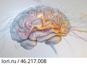An artistic and technological depiction of the human brain, created in the style of digital art. The translucent structure of the brain reveals its complex neural network, intertwined nerve impulses and electrical discharges. Glowing streams of energy are visible inside the brain, creating the effect of an active thought process. Thin lines, reminiscent of nerve connections, spread around the brain, symbolizing the transfer of information and the work of consciousness. The painting combines realism with abstraction and visualizes the complex processes of the mind. Стоковое AI-изображение, AI-художник Анна Кривицкая / Фотобанк Лори