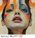 A female portrait in a modern style, combining realism and abstraction. The girl's face is highly detailed, with expressive eyes, lips and skin, but it is covered with bright abstract strokes of red, orange, blue and black.Elements of paint and graphic lines create the effect of movement and expression, adding depth and dynamics. The texture of the image resembles an oil painting, and the background has a slightly aged effect with scuffs and gold streaks. The girl's gaze is directed upwards, which gives the composition a sense of dreaminess and sublimity. Стоковое AI-изображение, AI-художник Анна Кривицкая / Фотобанк Лори