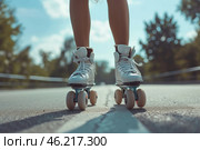 A woman enjoying summer inline skating on a sunny day with roller skates on a smooth road surrounded by trees. Стоковое AI-изображение, AI-художник Sergey Grishin / Фотобанк Лори