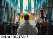 Minister leads a prayer service at Grand Christian Church with parishioners engaged in worship. Стоковое AI-изображение, AI-художник Sergey Grishin / Фотобанк Лори