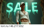 A stylish young man poses confidently in front of a vibrant green sale sign in an urban setting during a contemporary fashion event. Стоковое AI-изображение, AI-художник Sergey Grishin / Фотобанк Лори