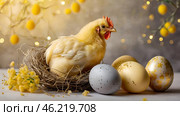 The concept of a bright Easter holiday. Delicate Easter eggs, yellow chickens, chicken and daffodil flowers on a pastel watercolor background with delicate veins. Стоковое AI-изображение, AI-художник Photojuli / Фотобанк Лори
