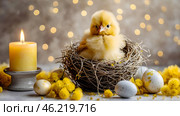 The concept of a bright Easter holiday. Delicate Easter eggs, yellow chickens, chicken and daffodil flowers on a pastel watercolor background with delicate veins. Стоковое AI-изображение, AI-художник Photojuli / Фотобанк Лори