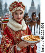 A beautiful girl in national dress treats with pancakes on Maslenitsa. Maslenitsa week. Стоковое AI-изображение, AI-художник Сергей Елизарьев / Фотобанк Лори