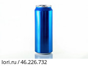 Blue aluminum can of soda isolated on a white background. Front view. Recycle metal can mock-up, template. Beer, carbonated water, cola, energy drinks can. Recycling. Closeup view of one beverage can. Стоковое AI-изображение, AI-художник Марина Демидюк / Фотобанк Лори