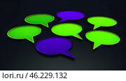 Bright green and purple speech bubbles invite users to express thoughts and ideas creatively. Copy space. Стоковое AI-изображение, AI-художник Юлия Ильина / Фотобанк Лори