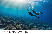 Drivers under the water surface in the penetrating rays of the sun against the background of corals and local fauna. Стоковое AI-изображение, AI-художник Антон Слабоспицкий / Фотобанк Лори
