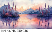 A picturesque mountain landscape, painted in watercolor. In the foreground you can see a lake with a reflection of the sky, painted in gentle pink-purple shades of sunset or sunrise. Tall grasses and wild flowers of dark purple and red colors grow along the banks. In the distance, mountains rise, covered with a light fog, which gives the scene an atmosphere of calm and tranquility. The composition is sustained in harmonious color combinations with smooth transitions of shades. Стоковое AI-изображение, AI-художник Анна Кривицкая / Фотобанк Лори