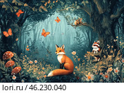 A fairytale forest filled with a magical atmosphere. In the center of the composition is a graceful red fox sitting among flowers and grass. Orange butterflies fly around her, creating a feeling of lightness and magic. On the right, on a tree, sits a small raccoon, watching what is happening, and on a branch above is a squirrel playing with an acorn. Fly agaric mushrooms grow below, and delicate flowers are scattered everywhere. The glowing fog creates a mystical depth of the forest, giving the image a special fairytale and magical atmosphere. Стоковое AI-изображение, AI-художник Анна Кривицкая / Фотобанк Лори