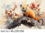 A cute fluffy marten or sable sitting on a thick, dry tree trunk. It has bright reddish-orange fur, expressive black eyes and a long fluffy tail. The background is done in autumn colors with tree branches covered with red and orange leaves. The picture conveys an atmosphere of coziness, warmth and wild nature. The animal looks curious, its gaze is directed forward, as if it notices something interesting. Стоковое AI-изображение, AI-художник Анна Кривицкая / Фотобанк Лори