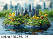 A futuristic concept of a city located on a small green island in the middle of the water. Miniature modern skyscrapers rise among dense vegetation consisting of trees with colorful foliage, grasses and flowers. The water around the island is calm, creating a reflection of the city's architecture. In the background, the silhouettes of a large metropolis are visible, slightly blurred, which adds a sense of depth and perspective. The painting symbolizes the balance between urbanization and nature, as well as the idea of ​​​​the eco-cities of the future. Стоковое AI-изображение, AI-художник Анна Кривицкая / Фотобанк Лори