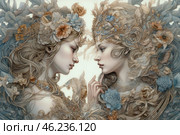Two elegant girls in a fantasy style, their faces turned to each other in a deep and expressive look. They are adorned with luxurious wreaths and crowns made of flowers, leaves, woven patterns and precious stones. The composition amazes with its detail and harmony of shades, where muted golden-beige, blue and gray-silver tones dominate.Every detail of their hair, jewelry and clothing is executed with filigree precision, creating an effect of aristocratic elegance. Their gentle faces and smooth lines of movement emphasize the subtlety, sophistication and mystical connection between them.The image is reminiscent of mythological or fairy-tale characters, perhaps goddesses, fairies or spirits of nature, locked in a moment of quiet communication and understanding. The painting conveys a sense of magic, beauty and eternity. Стоковое AI-изображение, AI-художник Анна Кривицкая / Фотобанк Лори