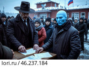Коммисрар Жюв и Фантомас в пункте проверки прибывающих мигрантов.  Сзади очередь на прохождение проверки. Проскочет Фантомас или нет? Стоковое AI-изображение, AI-художник Сергей Никифоров-Гордеев / Фотобанк Лори