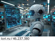 A modern humanoid robot with a sleek white body and high-tech design works at a computer in a futuristic laboratory. Its face is a digital screen with blue LED indicators, and the monitor displays complex code or data flow. The environment is filled with technology - there are other computers and equipment around, illuminated by a cool blue light. The atmosphere emphasizes the theme of artificial intelligence, automation and the future of robotics. Стоковое AI-изображение, AI-художник Анна Кривицкая / Фотобанк Лори