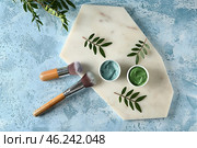Bowls with cosmetic clays and brushes on color background. Стоковое фото, фотограф Pixel_shot / Фотобанк Лори