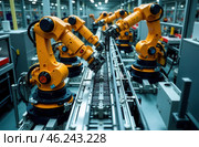 Robotic automation in modern manufacturing has evolved to enhance productivity and efficiency. Стоковое AI-изображение, AI-художник PAv / Фотобанк Лори