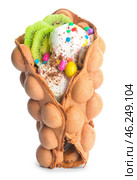 Delicious sweet bubble waffle on white background. Стоковое фото, фотограф Pixel_shot / Фотобанк Лори
