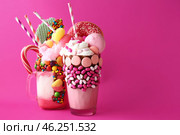 Different delicious freak shakes on color background. Стоковое фото, фотограф Pixel_shot / Фотобанк Лори