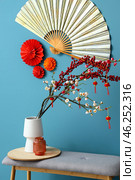 Interior of modern room decorated for Chinese New Year celebration. Стоковое фото, фотограф Pixel_shot / Фотобанк Лори