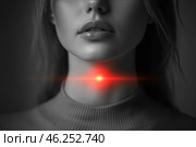 Black and white portrait of a woman's face, focusing on the neck area. In the center of the throat is a bright red glow, symbolizing pain, inflammation or thyroid disease. The background and other elements remain in shades of gray, which emphasizes the contrast and focus on the problem area. The atmosphere of the image creates a feeling of discomfort, a possible medical condition or the need for treatment. Стоковое AI-изображение, AI-художник Анна Кривицкая / Фотобанк Лори