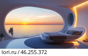 Modern bedroom with stunning ocean view during sunrise offers serenity and tranquility. Стоковое AI-изображение, AI-художник Михаил Коханчиков / Фотобанк Лори