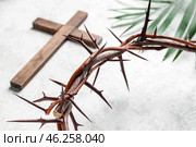 Crown of thorns with wooden cross and palm leaf on white grunge background, closeup. Good Friday concept. Стоковое фото, фотограф Pixel_shot / Фотобанк Лори