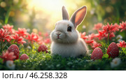 A fluffy white rabbit nestles among the bright red flowers and decorated Easter eggs. Стоковое AI-изображение, AI-художник Наталья Синцова / Фотобанк Лори