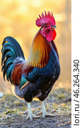 Colorful rooster standing in a field at sunrise. Стоковое AI-изображение, AI-художник Юрий Поздников / Фотобанк Лори