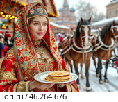 A beautiful girl in national dress treats with pancakes on Maslenitsa. Maslenitsa week. Стоковое AI-изображение, AI-художник Сергей Елизарьев / Фотобанк Лори