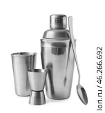 Double jigger, mixing spoon, cobbler and cocktail shakers on white background. Стоковое фото, фотограф Pixel_shot / Фотобанк Лори