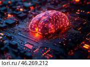 Artificial intelligence in the form of a brain, made of glowing microcircuit elements, as if embedded in a computer board. This virtual "brain" stands out with bright lights and dynamic colors, creating a futuristic atmosphere, while complex electronics are visible around it. Стоковое AI-изображение, AI-художник Анна Кривицкая / Фотобанк Лори