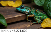 A green frog is sitting on a wooden surface. Стоковое AI-изображение, AI-художник Виктория Кольцова / Фотобанк Лори