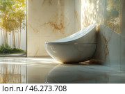 A modern toilet with a minimalist and futuristic design. It has a rounded, smooth shape and is made in white with a glossy surface. The toilet is installed in a spacious room with marble walls and floors, which gives the interior a luxurious and elegant look. Natural light comes through a large window overlooking a garden with bamboo plants, creating a feeling of freshness and harmony with nature. Light glare and shadows complement the atmosphere of coziness and cleanliness, and reflections on glossy surfaces enhance the effect of space. Стоковое AI-изображение, AI-художник Анна Кривицкая / Фотобанк Лори