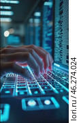 Person is typing on a computer keyboard with blue keys. Стоковое AI-видео, аниматор Sergey Grishin / Фотобанк Лори