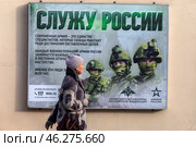 Информационный баннер Министерства обороны РФ с надписью "Служу России" на Гоголевском бульваре города Москвы в канун праздника "Дня защитника Отечества", Россия. Редакционное фото, фотограф Николай Винокуров / Фотобанк Лори