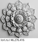 A three-dimensional mandala, made in a monochrome style. The ornament consists of multi-layered petals, arranged symmetrically around a central element resembling a flower. The details of the drawing are emphasized by shadows, which creates the effect of depth and relief. Each layer of the mandala is decorated with thin patterns and lines, enhancing the feeling of harmony and balance. The overall color scheme is black and white or light gray, which gives the image a classic and elegant look. Стоковое AI-изображение, AI-художник Анна Кривицкая / Фотобанк Лори
