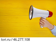 Woman holding megaphone on color wooden background. Стоковое фото, фотограф Pixel_shot / Фотобанк Лори