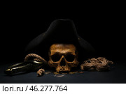 Human skull with sword, toy model of cannon, pirate hat and coins on black background. Стоковое фото, фотограф Pixel_shot / Фотобанк Лори