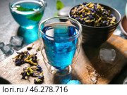 Glass of organic blue tea and dried flowers on table, closeup. Стоковое фото, фотограф Pixel_shot / Фотобанк Лори