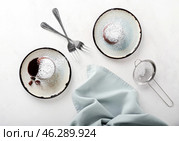 Plates with tasty lava cake fondant on white background. Стоковое фото, фотограф Pixel_shot / Фотобанк Лори