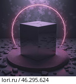 Мистическая 3D-иллюстрация зеркального куба. Куб отражает окружающее пространство, создавая эффект глубины и таинственности. Из куба исходит лёгкий фиолетовый дым, придающий мистическую атмосферу. Стоковое AI-изображение, AI-художник Ирина Першина / Фотобанк Лори