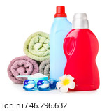 Towels and laundry detergents on white background. Стоковое фото, фотограф Pixel_shot / Фотобанк Лори