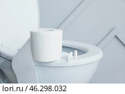 Toilet bowl with roll of paper and hemorrhoidal suppositories in restroom. Стоковое фото, фотограф Pixel_shot / Фотобанк Лори
