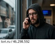 Мужчина с бородой и в темном капюшоне разговаривает по телефону, задумчиво глядя в окно. Видимо, он планирует обман или хитрость. Сквозь стекло видно движение на улице. Стоковое AI-изображение, AI-художник Сергей Никифоров-Гордеев / Фотобанк Лори