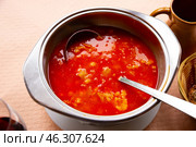 Food callos with chickpeas, pepper and beef tripe, served in bowl. Стоковое фото, фотограф Яков Филимонов / Фотобанк Лори