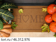 Doormat with plant, pumpkins and autumn leaves in hallway, top view. Стоковое фото, фотограф Pixel_shot / Фотобанк Лори